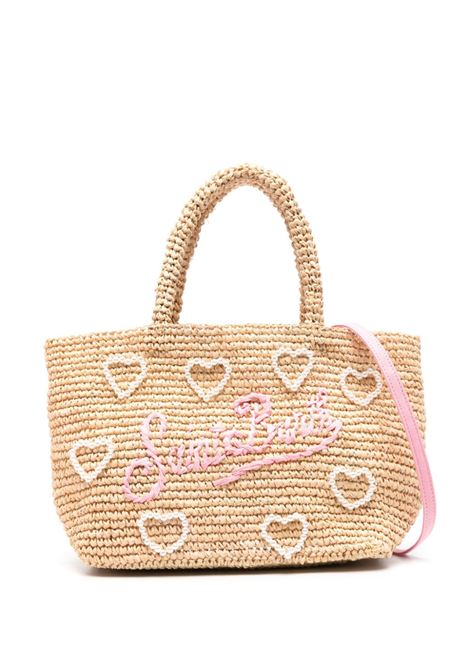 Beach midi bag in decorated raffia MC2 | RAFFIA BEACH MID-PEARL HEART1121 EMB